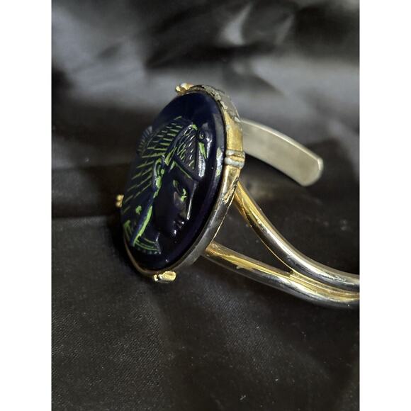 Pharaoh Egyptian Revival Cuff Bracelet Blue Glass & Gold Tone Statement Bracelet - Picture 8 of 13